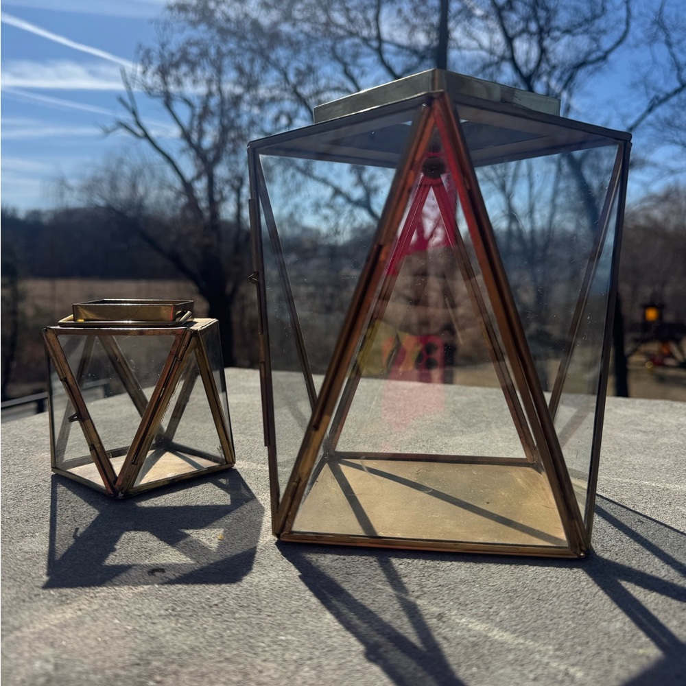 ANTHROPOLOGIE metal and glass lantern - set of 2 - one large - one small